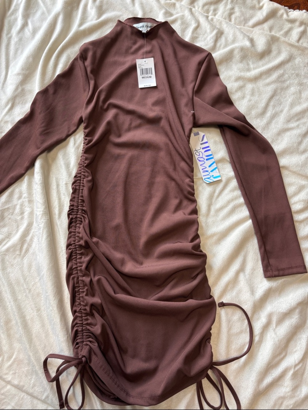 Almost Famous Mauve Brown Long Sleeve Mini Dress with Side Ruching